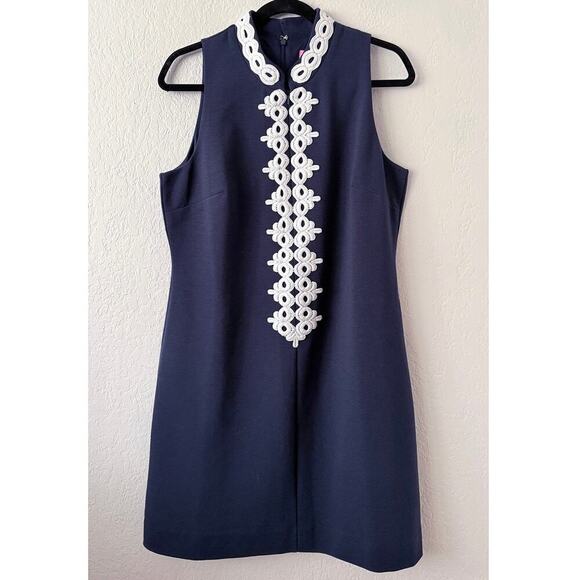 Lilly Pulitzer Womens Callista High Collar Shift Dress Navy Blue White Lace Trim - Picture 3 of 10